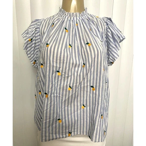 Trovata Birds of Paradis Carla Blouse Top Blue Stripe Short Sleeve Meyer Lemon S - Picture 2 of 10